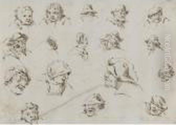 A Sheet Of Studies Of Heads Oil Painting by David The Younger Teniers