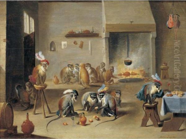 Monkeys In A Tavern Oil Painting by David The Younger Teniers