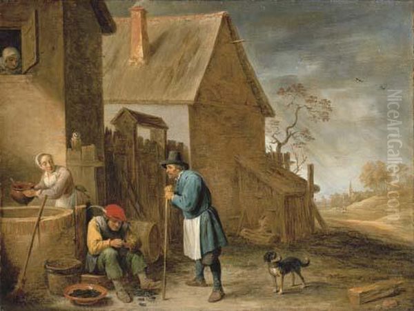 A Peasant Eating Mussels At A 
Farm, With A Woman At A Well And Aman With His Dog, A Landscape With A 
Church Beyond Oil Painting by David The Younger Teniers