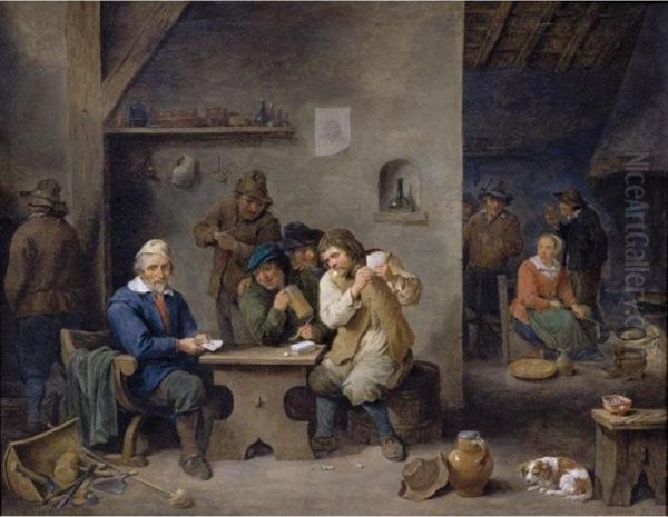 Figures Gambling In A Tavern Oil Painting by David The Younger Teniers