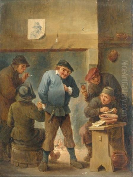 A Tavern Interior With Boors Smoking And Drinking 

 Before A Fireplace Oil Painting by David The Younger Teniers