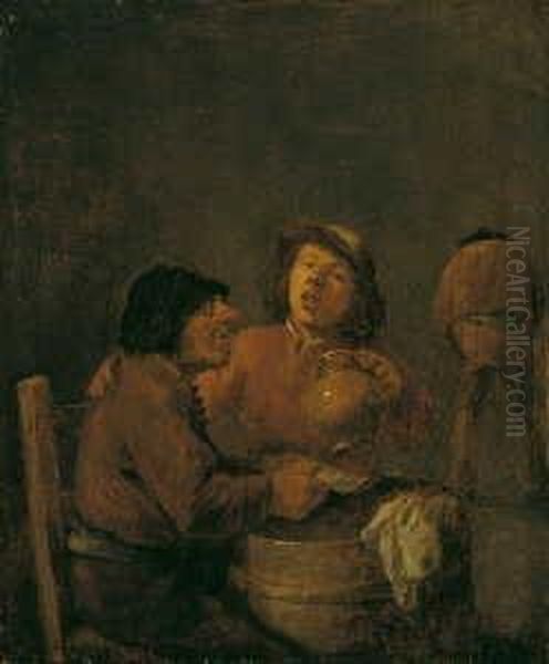 Werkstatt Trinkende Bauern. Ol Auf Holz. H 22; B 18 Cm Oil Painting by David The Younger Teniers