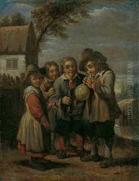 In Der Art Vier Mit Einer 
Schweinsblase Spielende Kinder. Ol Auf Kupfer. H 14; B 11,5 Cm. Verso 
Ein Klebezettel Mit Hinweis Auf Das Bei Smith, Catalogue Raisonne..., 
Part Iii, Als Nr. 581 Aufgefuhrte Gemalde, Zu Oil Painting by David The Younger Teniers