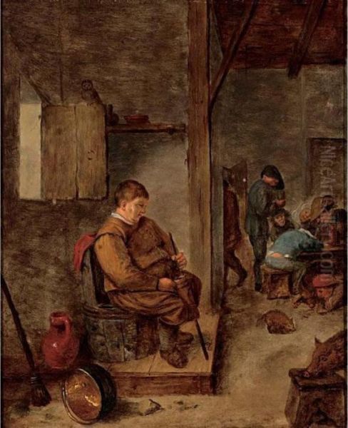 Interior Of An Inn With Peasants Drinking And Three Pigs Oil Painting by David The Younger Teniers