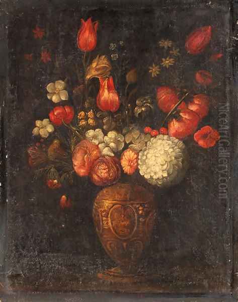 Tulips, roses and other flowers in an ornamental vase Oil Painting by Spanish School