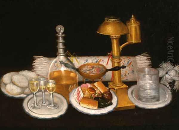 A decanter, wine glasses, a plate of sweetmeats Oil Painting by Spanish School