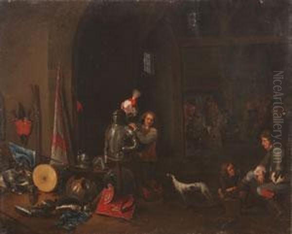 The Interior Of A Guardroom With Militiament And Boors Playing Cards Oil Painting by David The Younger Teniers