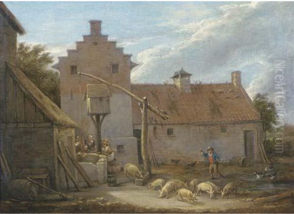 A Farmyard With Pigs And Ducks By A Pool, With Peasants At A Nearbywell Oil Painting by David The Younger Teniers