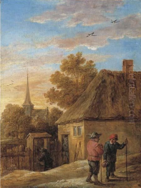 Peasants Conversing By A House With A Church Beyond Oil Painting by David The Younger Teniers