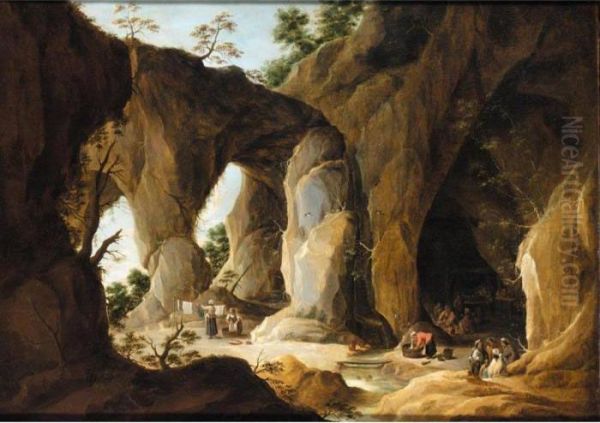 A Cavernous Landscape With A Gypsy Encampment Beyond Oil Painting by David The Younger Teniers