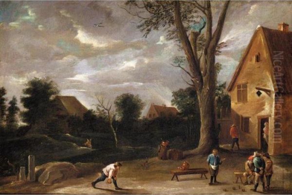 Peasants Playing Skittles Before A Tavern Oil Painting by David The Younger Teniers