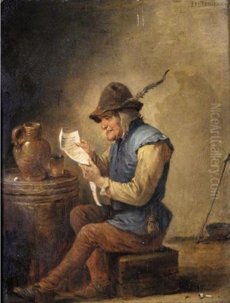 Interior With A Boor Reading A Letter Oil Painting by David The Younger Teniers