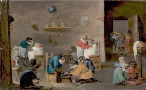 Monkey Barber Shop Oil Painting by David The Younger Teniers