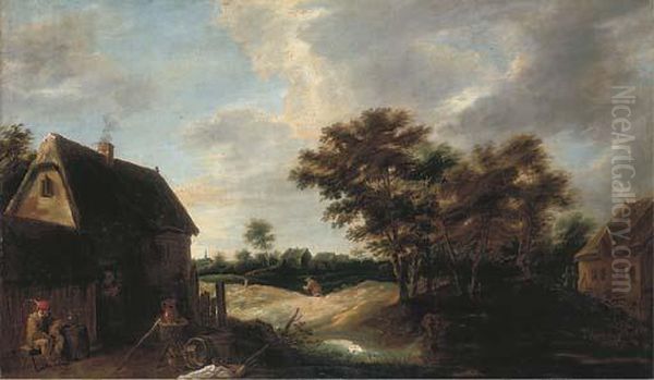 A Wooded Village Landscape With A Peasant Resting Outside Afarmhouse Oil Painting by David The Younger Teniers