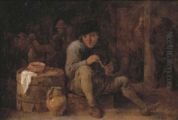 A Seated Peasant Smoking In An Interior, Other Figures In Thebackground Oil Painting by David The Younger Teniers