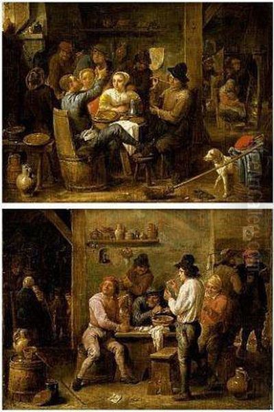 Peasants Smoking And Drinking Around A Table (#) Peasants And Two Women Oil Painting by David The Younger Teniers