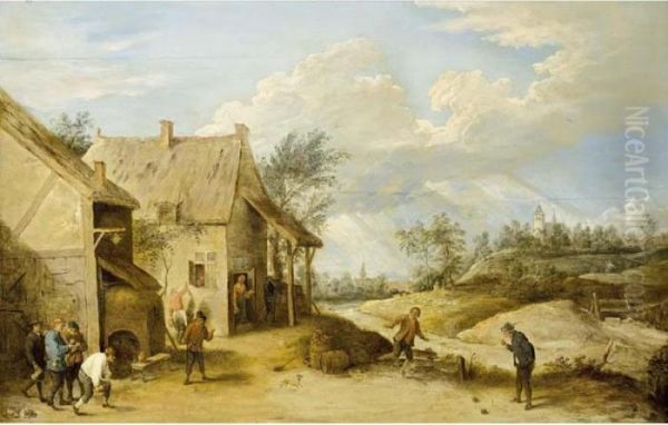 A Village Scene With Peasants Bowling Outside An Inn, A View Of A Church Beyond Oil Painting by David The Younger Teniers