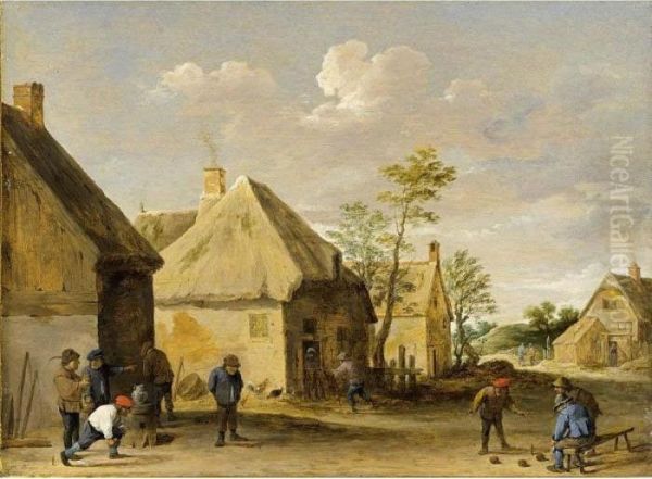 Peasants Bowling In A Village Street Oil Painting by David The Younger Teniers