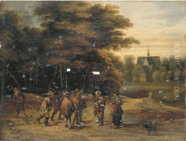 Soldiers With Pilgrims In A Wooded Landscape Near A Church Oil Painting by David The Younger Teniers