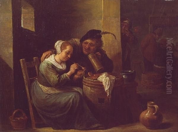 A Couple In A Tavern Interior Oil Painting by David The Younger Teniers