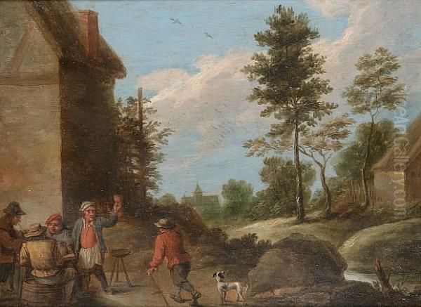 Peasants Drinking And Smoking Outside A Country Inn Oil Painting by David The Younger Teniers