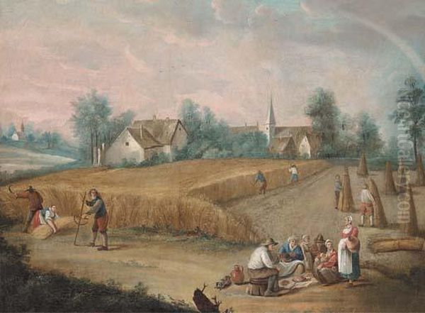 Skittle Players In A Village; And Peasants Harvesting Wheat Andeating Oil Painting by David The Younger Teniers