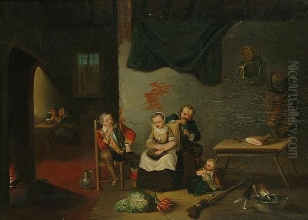 A Kitchen Interior Oil Painting by David The Younger Teniers