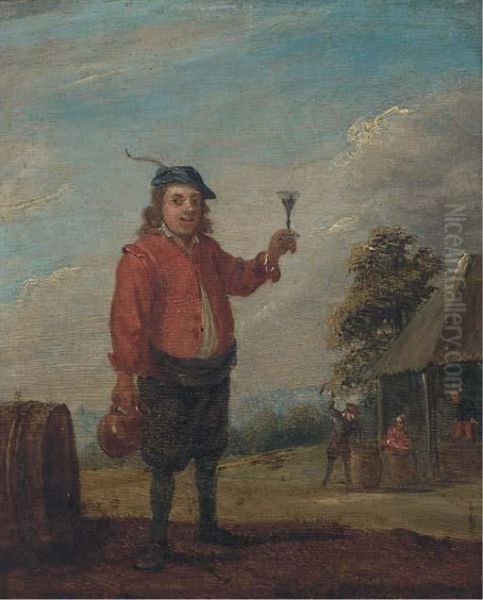 A Peasant Holding A Jug And A Roemer Of Wine Near An Inn Oil Painting by David The Younger Teniers