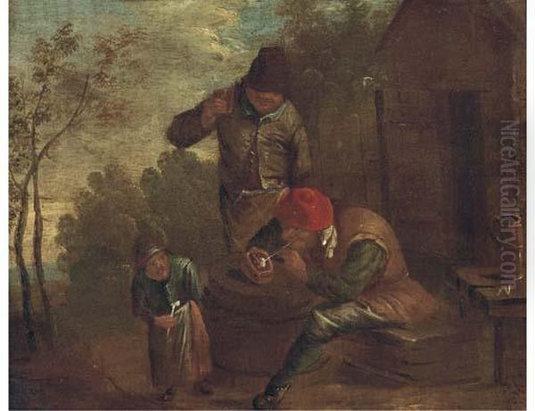 Peasants Smoking And Drinking Outside A Cottage Oil Painting by David The Younger Teniers