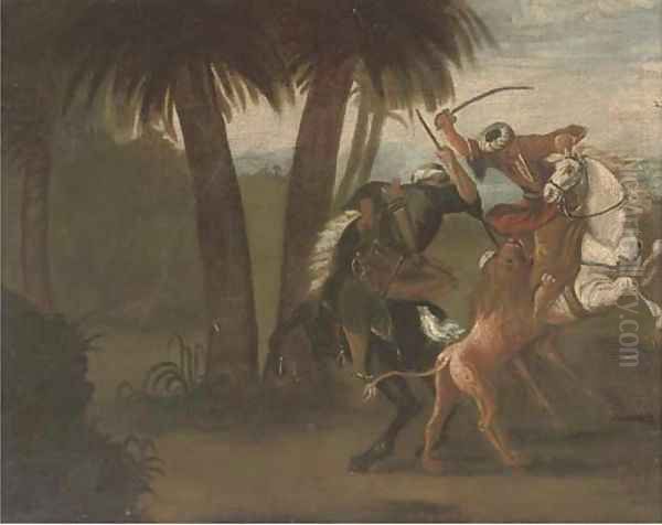 Ottomans on horseback hunting a lion Oil Painting by Spanish School