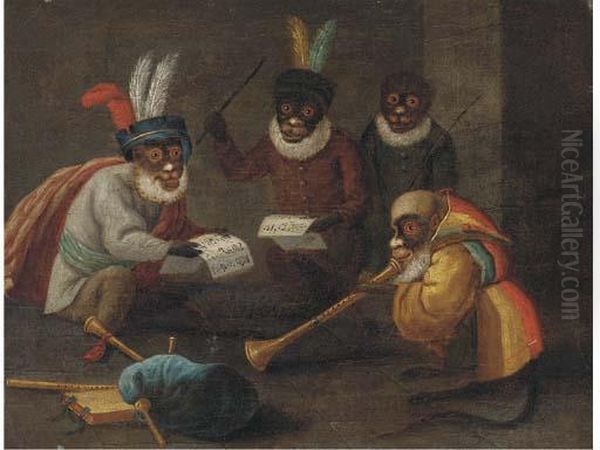 Singeries: Monkeys Dining And Making Music Oil Painting by David The Younger Teniers