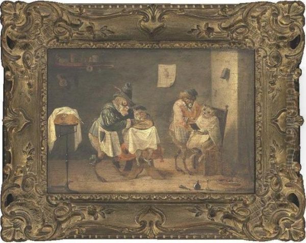 A Monkey Barber Shop Oil Painting by David The Younger Teniers