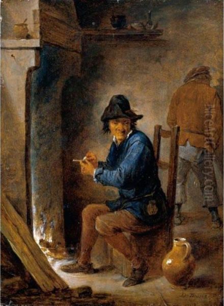 Interior With A Peasant Smoking A Pipe Before A Fireplace Oil Painting by David The Younger Teniers