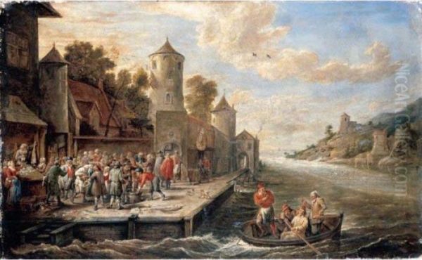 A Coastal Landscape With A 
Crowded Fish Market, Figures In A Rowing Boat In The Lower Right 
Foreground Oil Painting by David The Younger Teniers