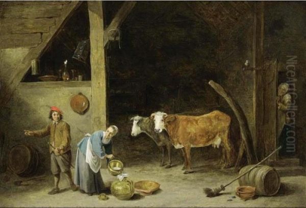 A Barn Interior With A Peasant 
Woman Pouring Milk Into A Jug And A Peasant Man Standing Nearby, With 
Cattle In The Background, An Old Woman Peeking Through A Door And An Owl
 Sitting On A Stick Near The Door Oil Painting by David The Younger Teniers