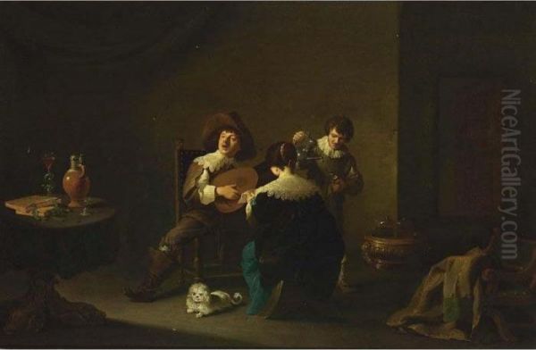 An Interior With A Gentleman 
Playing A Lute And A Lady Singing, Together With A Servant Pouring Wine 
Nearby, And A White Dog In The Foreground Oil Painting by David The Younger Teniers