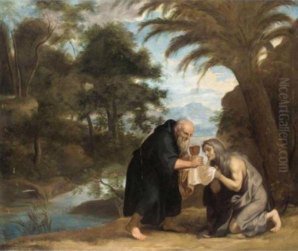 Saint Mary Of Egypt Receiving Her Last Communion From Zosimus Oil Painting by David The Younger Teniers