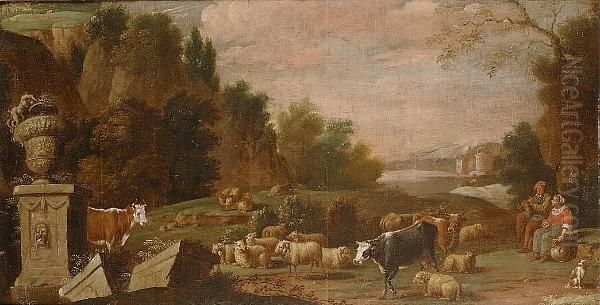 A Rocky Landscape With Drovers Watching Over Sheep And Cattle With Ruins Nearby Oil Painting by David The Younger Teniers