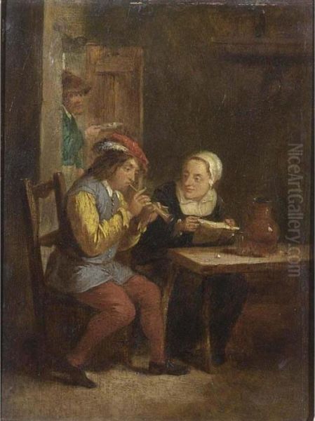 A Peasant Playing A Recorder And A Peasant Woman Listening In An Inn Oil Painting by David The Younger Teniers