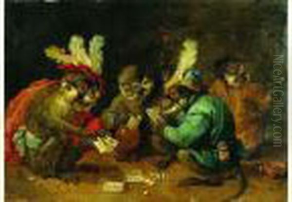 Singerie : Une Partie De Cartes Oil Painting by David The Younger Teniers