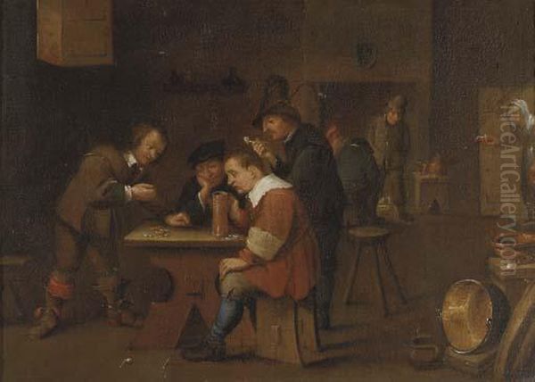 Peasants Playing Dice, Smoking And Drinking In An Inn Oil Painting by David The Younger Teniers