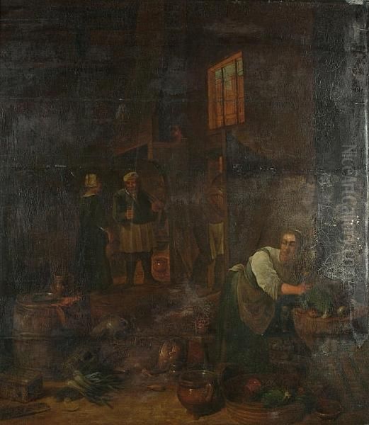 Kitchen Interior With A Woman Peeling Vegetables Oil Painting by David The Younger Teniers