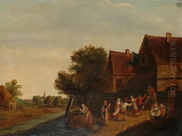 Peasants Dancing Before An Inn With A Woman Drawing Water From A Well Nearby Oil Painting by David The Younger Teniers