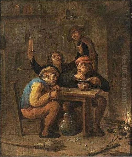 Peasants Smoking And Drinking Near A Fireplace Oil Painting by David The Younger Teniers