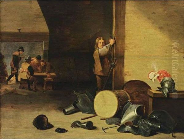 An Interior With A Soldier 
Laying Off His Sword And Figuresdrinking, Smoking And Playing Dice Near A
 Fire Place, With A Stilllife Of Soldiers Garments Oil Painting by David The Younger Teniers