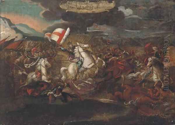 St. James on horseback, leading the Spanish to victory against the Saracens Oil Painting by Spanish School