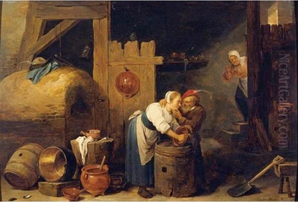 Interior Scene With A Young Woman Scrubbing Pots While An Old Man Makes Advances Oil Painting by David The Younger Teniers