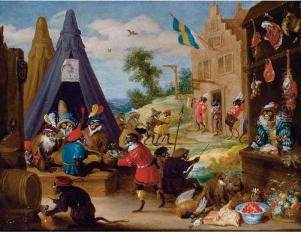 A Festival Of Monkeys (monkeys Dressed As Soldiers In An Encampment Near A Town) Oil Painting by David The Younger Teniers