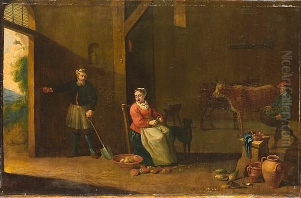 A Lady Seated In An Interior 
Peeling Vegetables, With A Peasant Standing At The Doorway, Earthenware 
Pots In The Foreground And Cattle Beyond Oil Painting by David The Younger Teniers