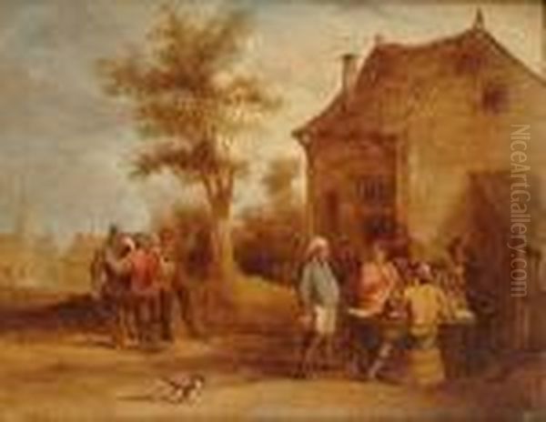 A Village With Peasants Drinking And Conversing Outside; Peasants Dancing Outside An Inn Oil Painting by David The Younger Teniers